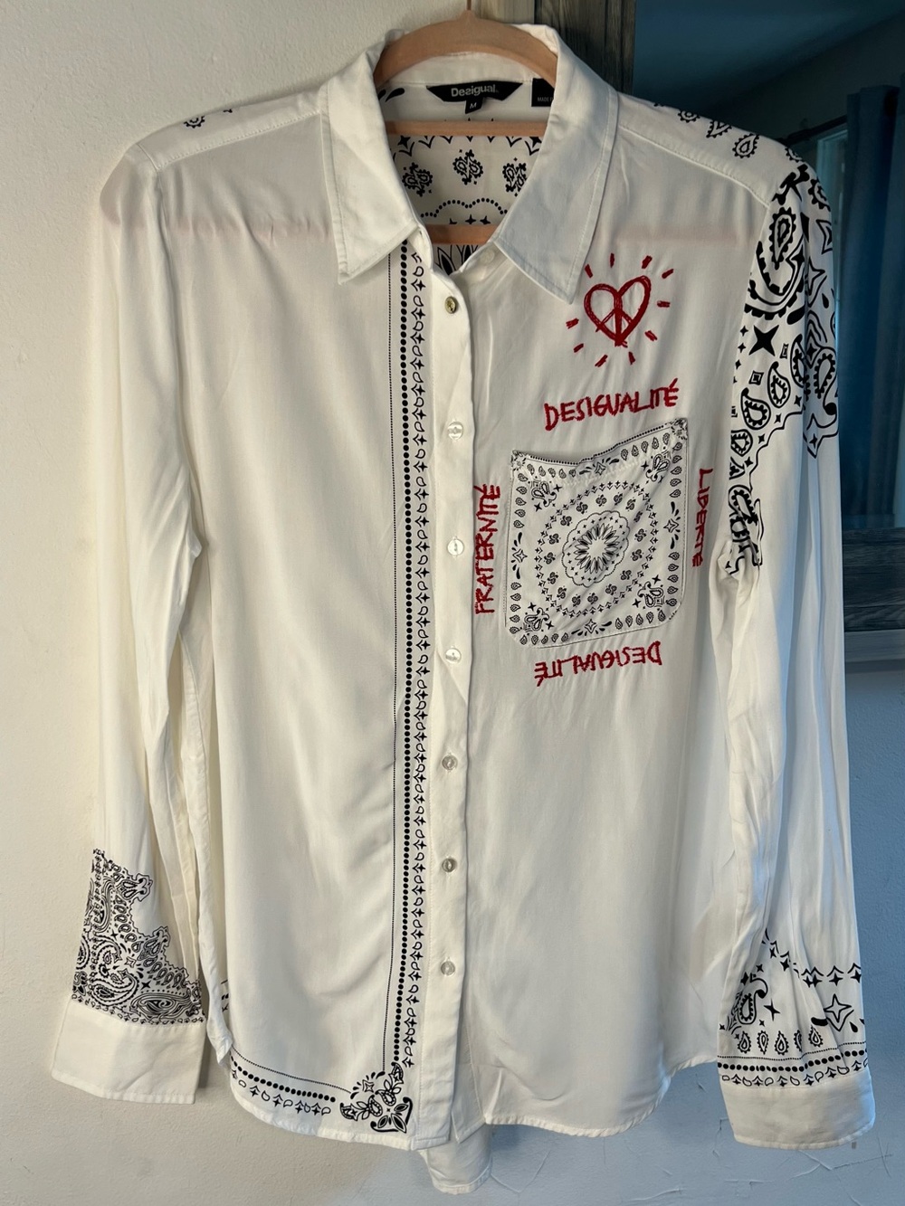 Desigual White Shirt with Black Bandana Print and Red Embroidery